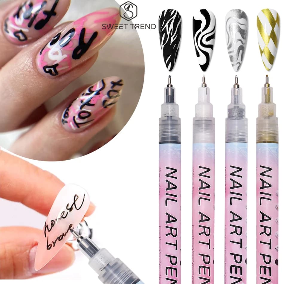 1/4 Pezzi Penna per Graffiti Unghie 0.5mm Nera Bianca Oro Argento, Pennarello per Disegno Linee Astratte, Dettagli Fini, Motivi, Strumento Fai da Te per Manicure