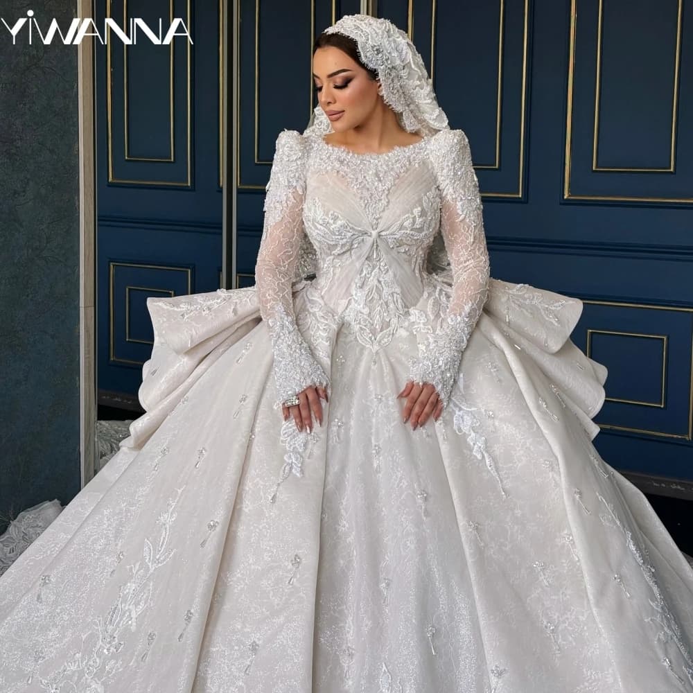 Abito da sposa principessa con applicazioni di perline musulmane Abito da sposa modesto con scollo a O a maniche lunghe Abiti graziosi personalizzati in pizzo per la sposa