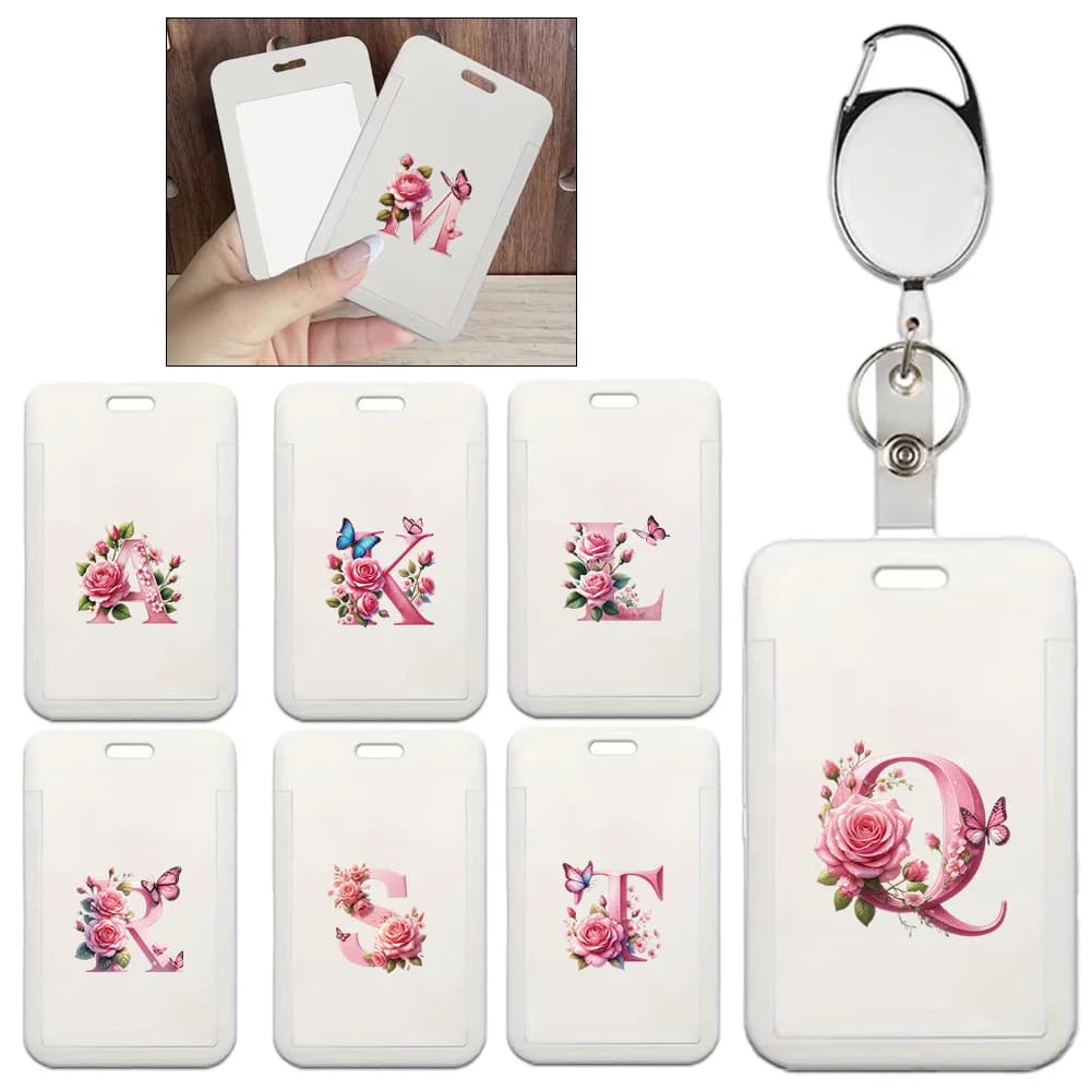 Plastic Card Set Plastic Durable Simple ID Badge Clip With Keychain Clip Portable Pink Butterfly Initial Name 26 Letters Pattern