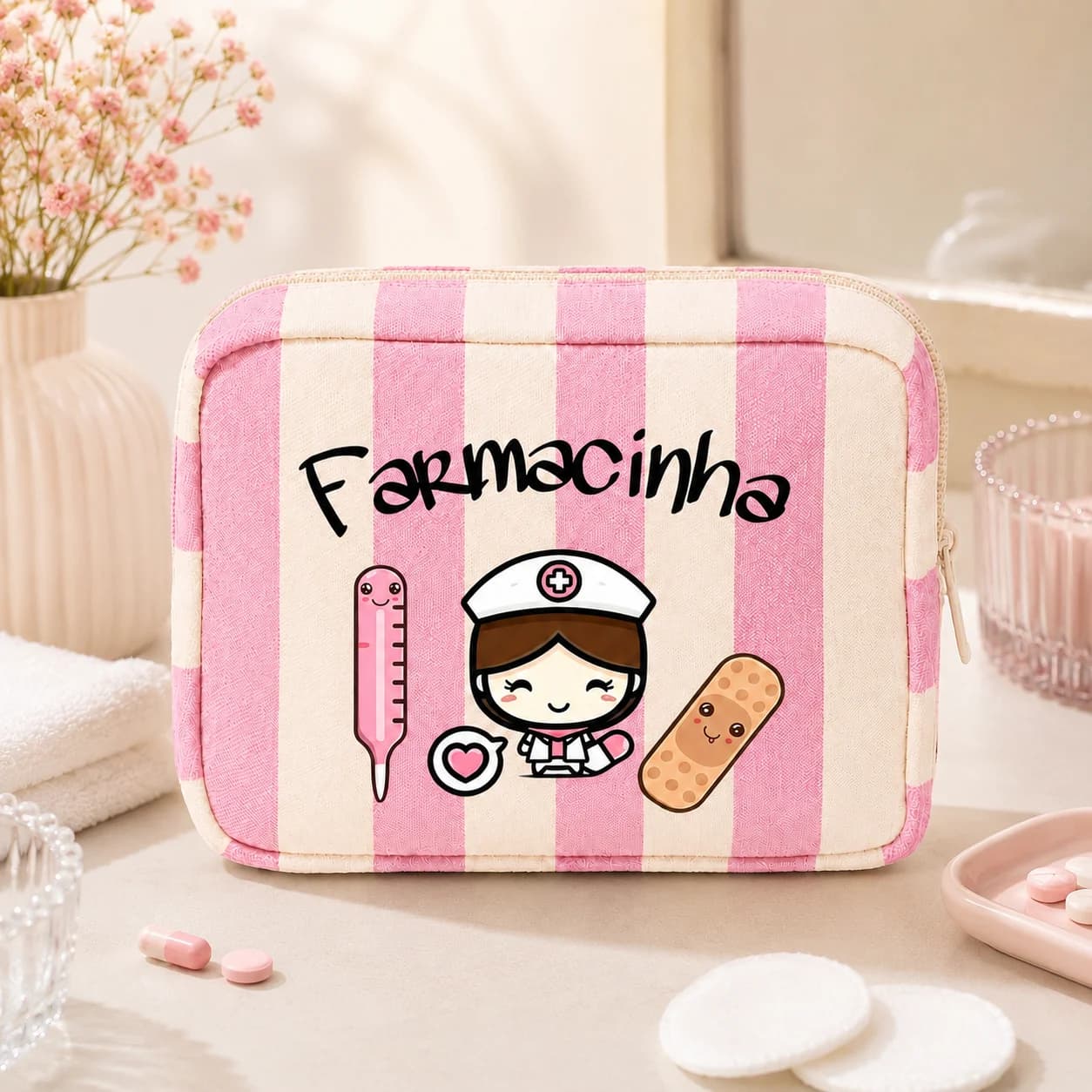 Medicine Bag Cute Pink Striped First Aid Pouch Large Capacity Medicine Organizer Portable Storage Bag for Travel Home Women