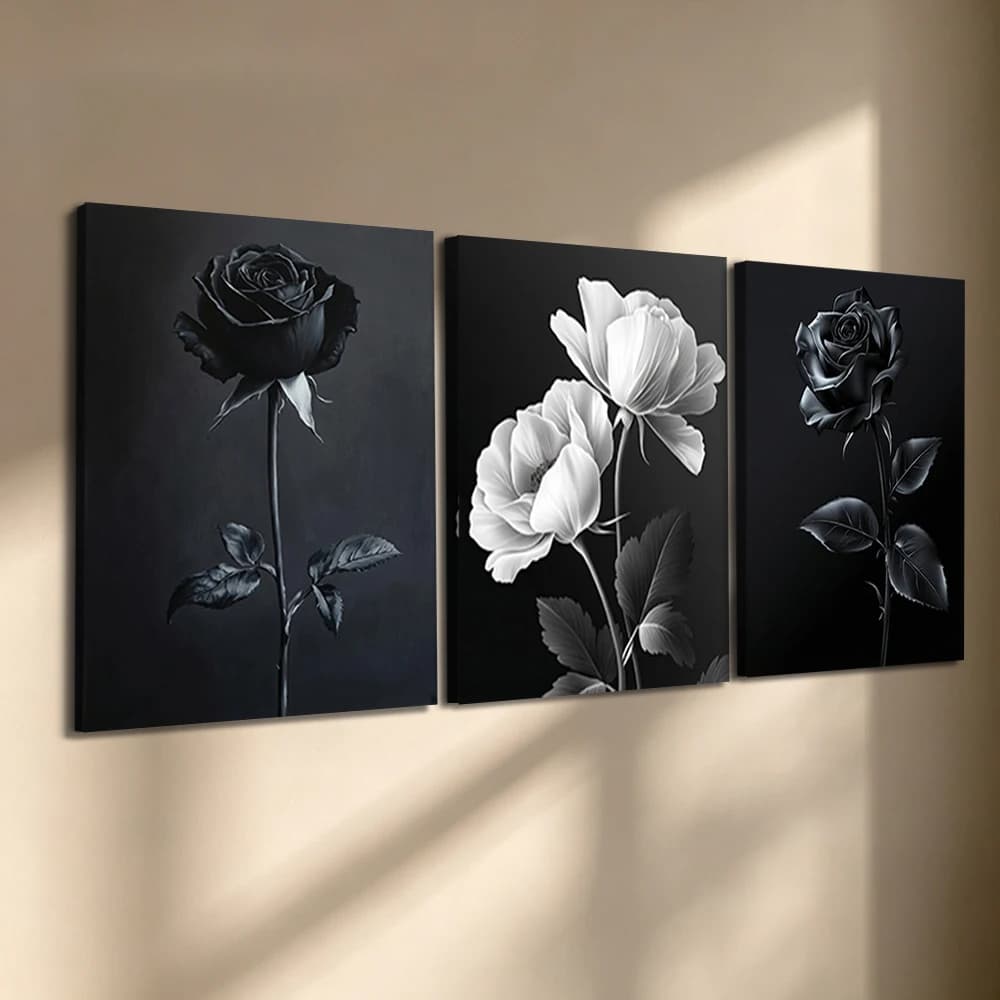 Set di 3 Quadri su Tela con Cornice in Legno, Stampa di Rose in Bianco e Nero, Decorazione Moderna per Soggiorno, Camera da Letto, Cucina, Ufficio e Casa