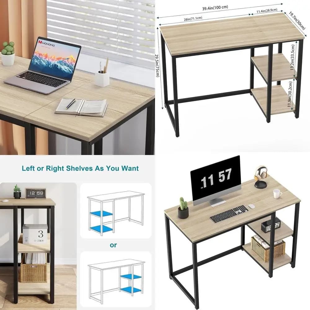Scrivania moderna per laptop in rovere beige con ripiani portaoggetti per giochi e studi, robusta tavolo per computer in legno chiaro