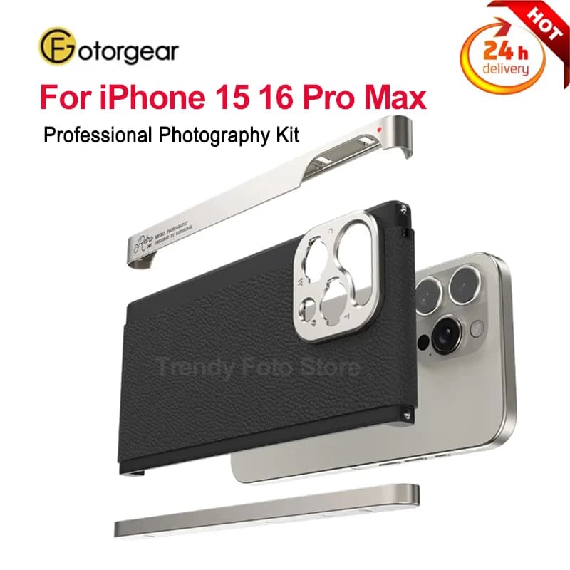 Kit Fotografico Professionale Fotorgear con Custodia in Pelle e Impugnatura per iPhone 15 16 Pro Max, Anello Filtro da 67mm, Custodia per Telefono con Attacco T
