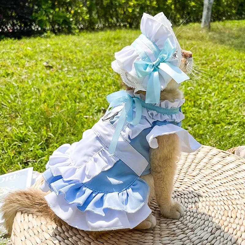 Maid Pet Dress for Cats & Dogs - Spring/Summer Puppy Outfit with Leash Hook for Walking, French Bulldog & Medium Breed Costumes