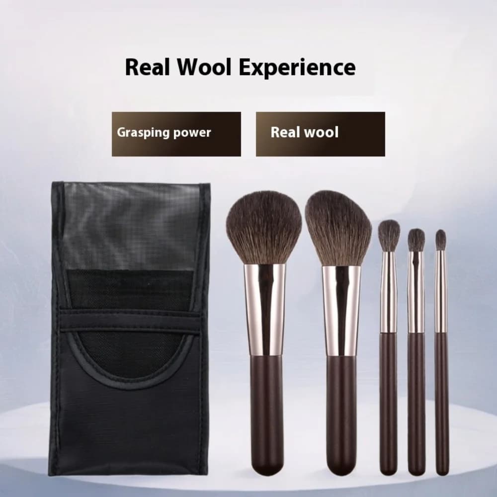 5pcs Travel Size Wool Makeup Brush Set - Powder, Contour, Eyeshadow Brushes (Full Kit) Portable Mini Nose Shadow Highlight Brush