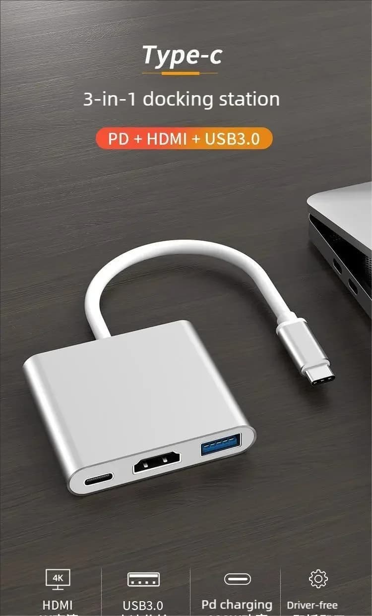 100W PD Fast Charge 3-in-1 USB-C Hub HDMI 4K USB 3.0 Data Port, Portable Aluminum Adapter Converter