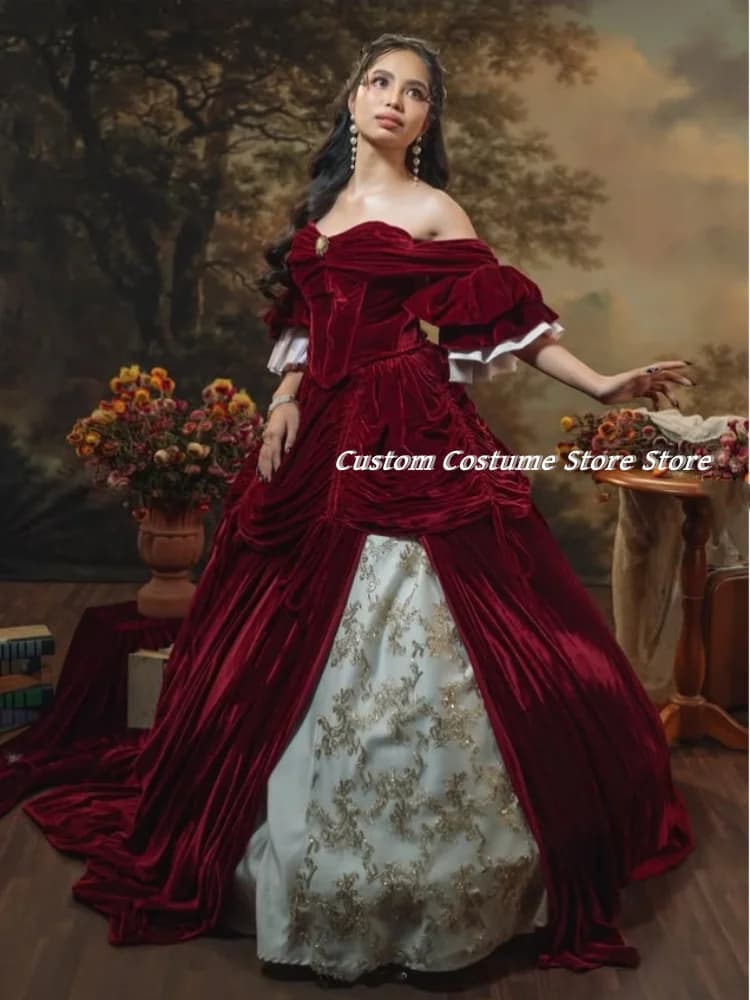 Abito da sera elegante stile vittoriano personalizzato Abiti da ballo principessa decorati con paillettes in velluto dorato senza spalline bordeaux