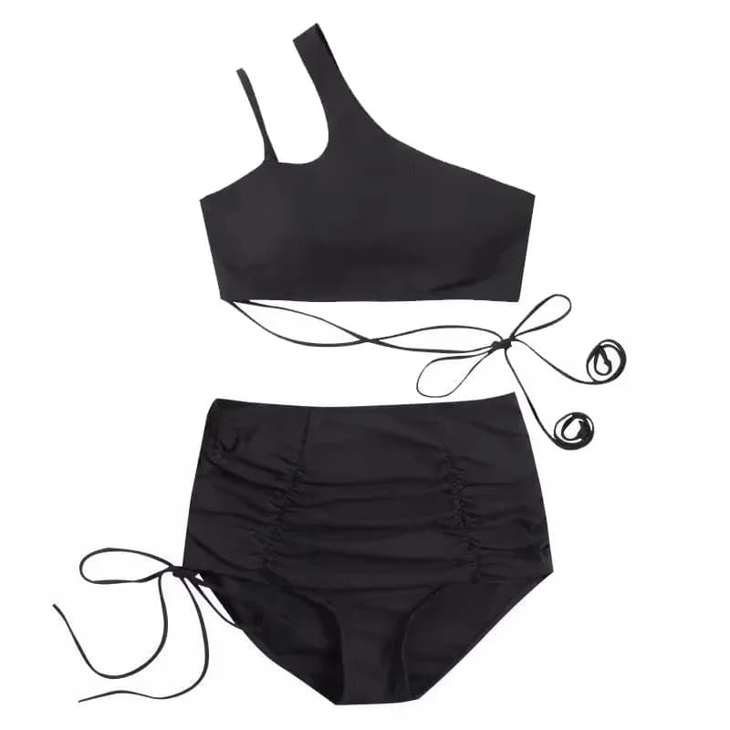 Sexy Completo Bikini Coreano Monospalla Nero con Top Corto e Pantaloncini con Coulisse, Due Pezzi Imbottiti