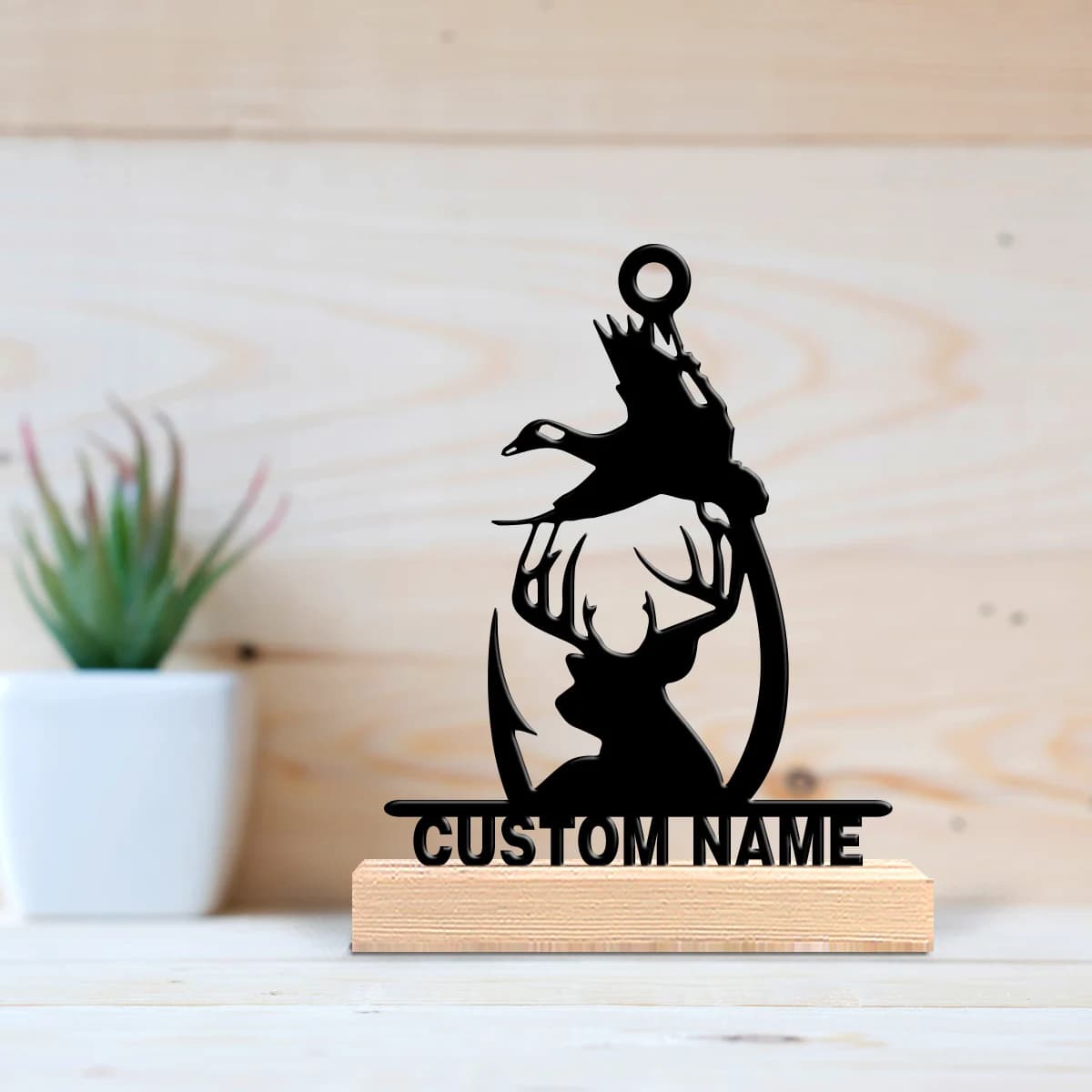 Custom Metal Deer and Oca Statue with Wood Base, Table Decoration and Desk, Spiritual Ornament