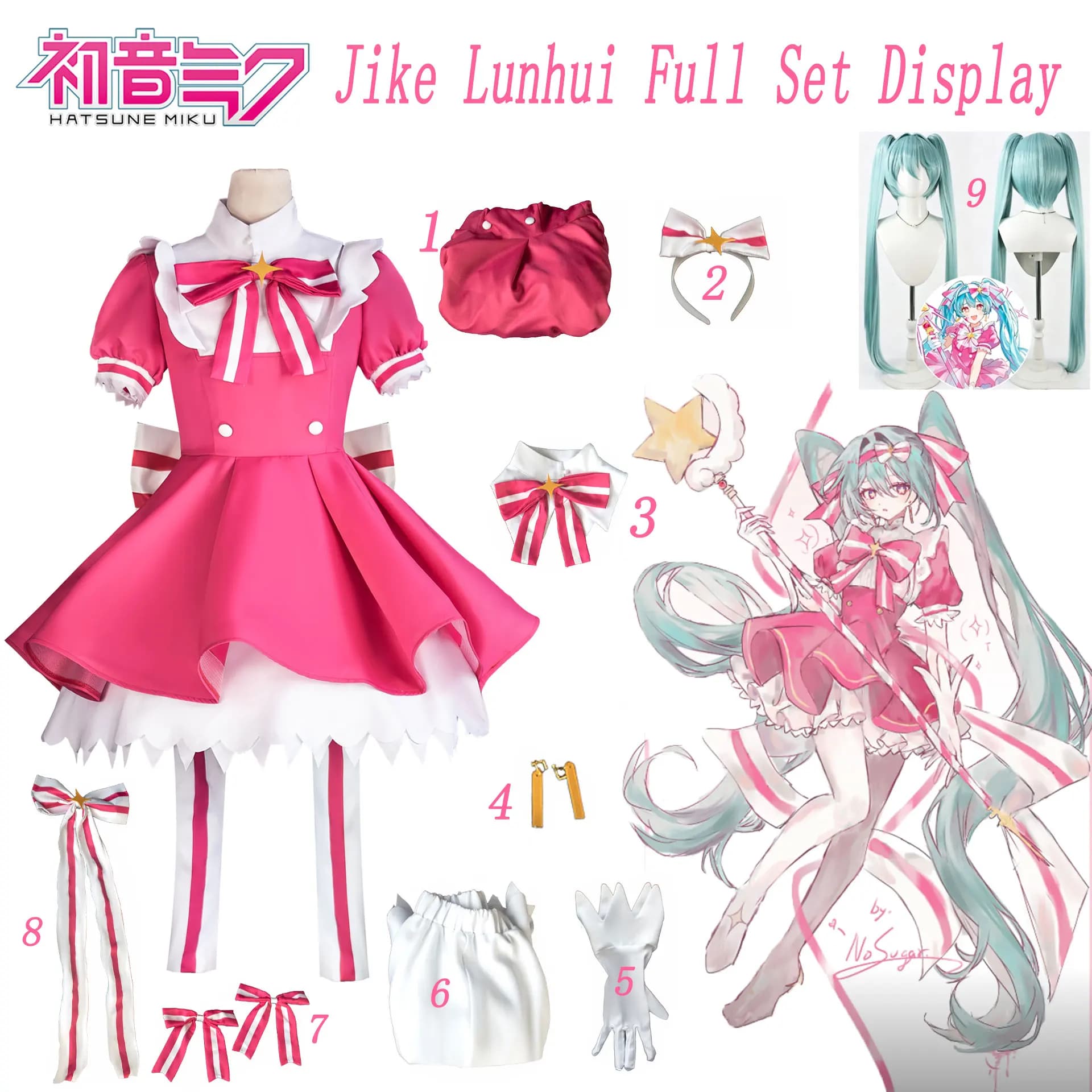 Magical Pink Lolita Cosplay Dress Full Set With Wig Gloves Bow Socks Anime Stage Costume For Halloween Party Roleplay