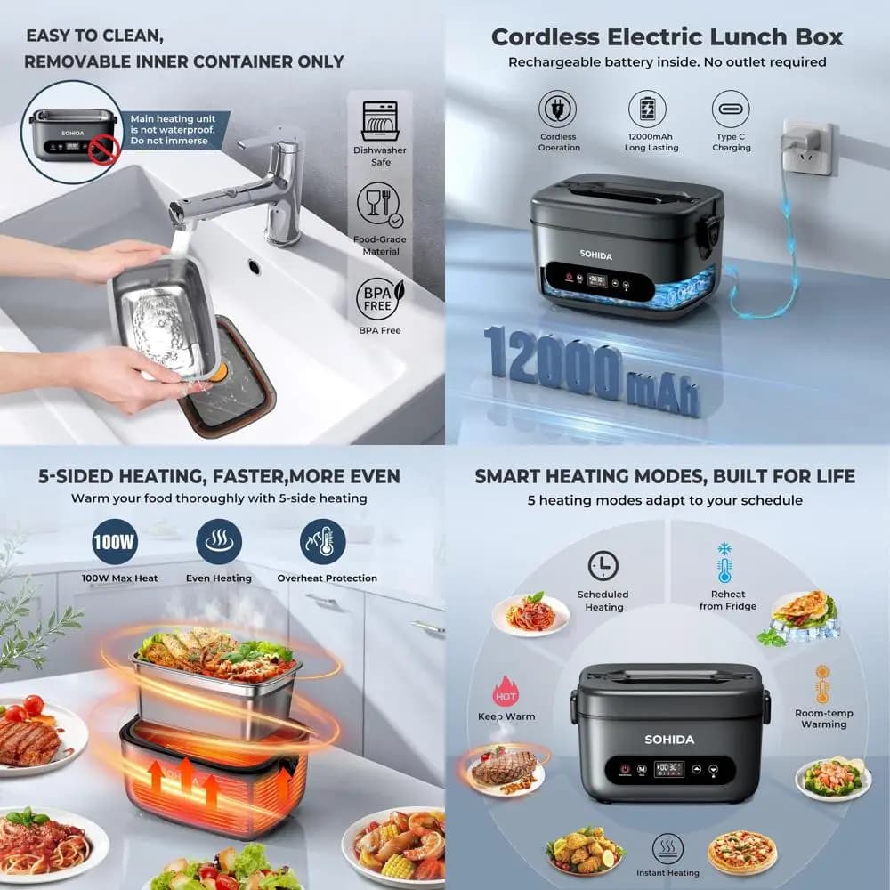 Portapranzo elettrico ricaricabile da 1,2 litri per adulti e uomini, scaldavivande portatile con riscaldamento su 5 lati per lavoro, auto, uso esterno