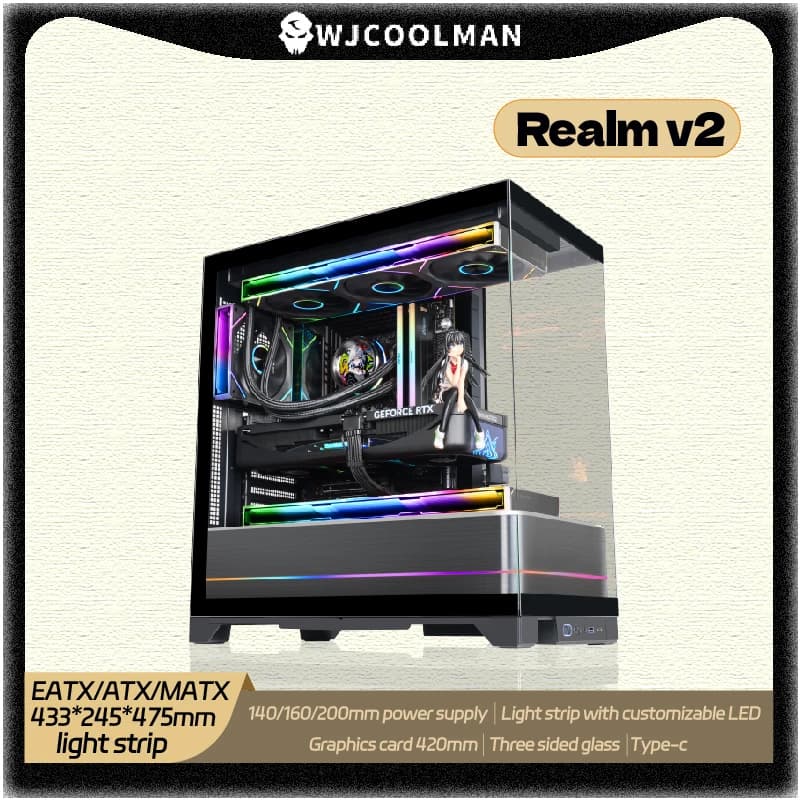 WJCOOLMAN Realm v2 EATX/ATX LED Light Strip PC gaming Case three sided glass Type-C 360 Water Cooler Desktop Computer Chassis