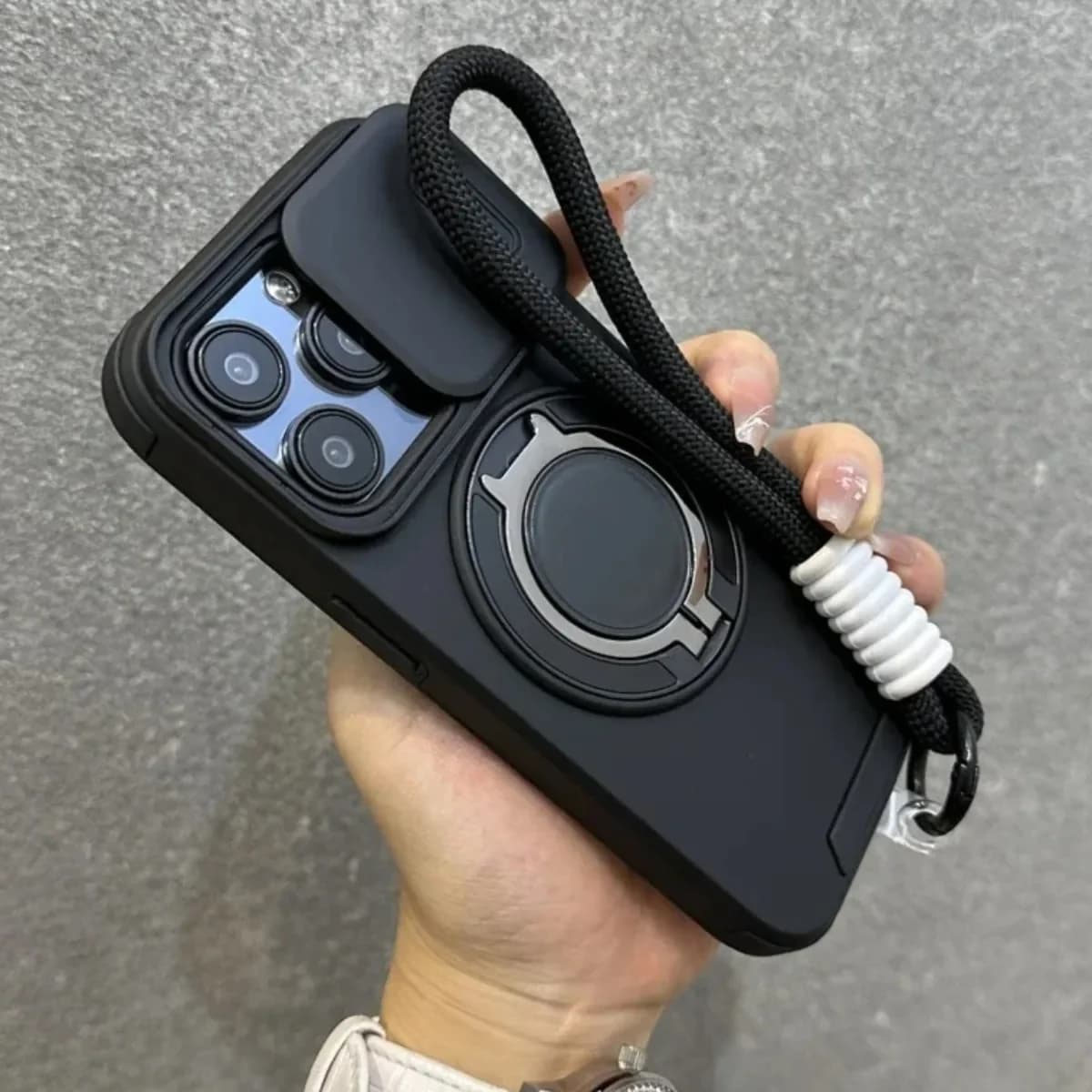Custodia con staffa magnetica per armatura per iPhone 16e 16 14 13 12 11 15 Pro Max Plus con protezione antiurto per fotocamera con cordino scorrevole