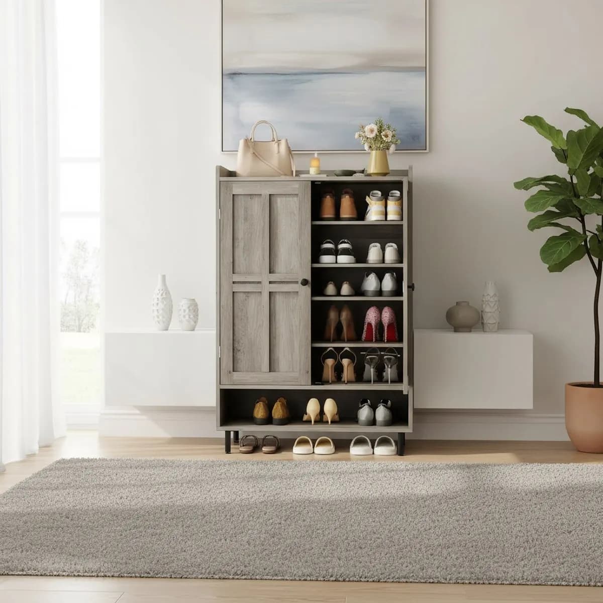 Tall 6 Tier Shoe Storage Cabinet Gray Wash Entryway Organizer Holds 18 24 Pairs Adjustable Shelves Metal Legs