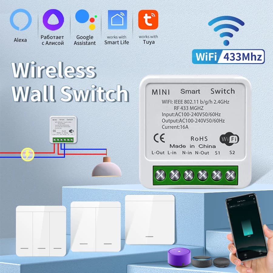Smart RF433Mhz Switch Tuya Ricevitore WiFi 1/2/3 Gang Wireless 86 Interruttore da pannello a parete Controllo vocale Funziona con Alexa Google Assistant