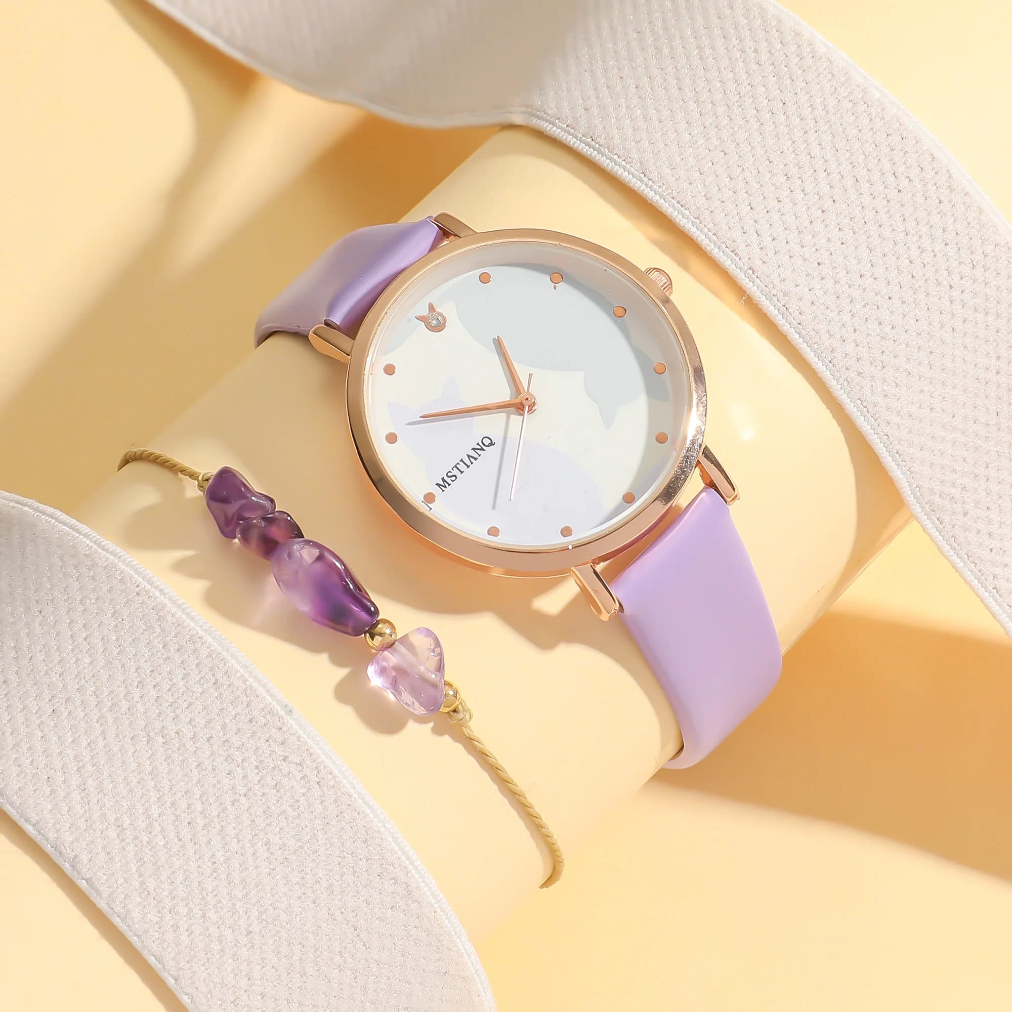 No gift box; cute quartz watch with animated cartoon cat belt, bracelet with purple crystal beads, set of 2 pieces
