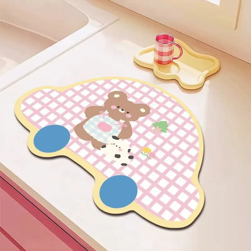 Kawaii Cartoon Bear Diatomite Floor Mat Irregular Shape Non‑Slip Absorbent Pink Plaid Rug For Bathroom Entryway Kids Bedroom Hom