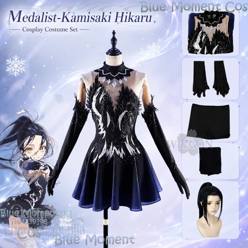 Kamisaki Hikaru Handsome Punk Fashion Black Ice Skating Outfit Dress Jirai Kei High Quality Wig Halloween Cosplay Anime Medalist