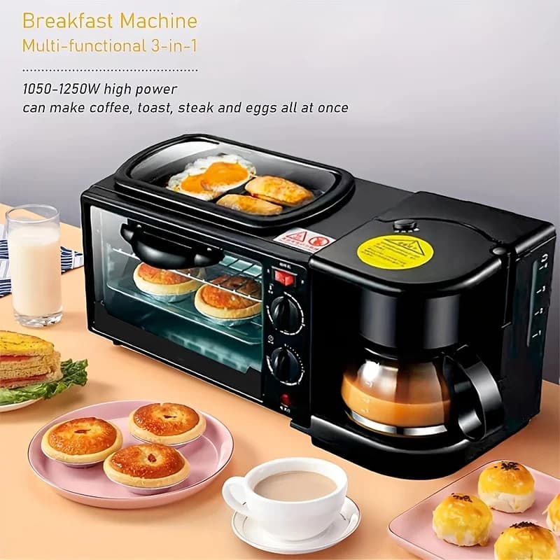 Breakfast station 3 in 1 with coffee maker, breakfast with automatic timer, non-stick bread oven with pan