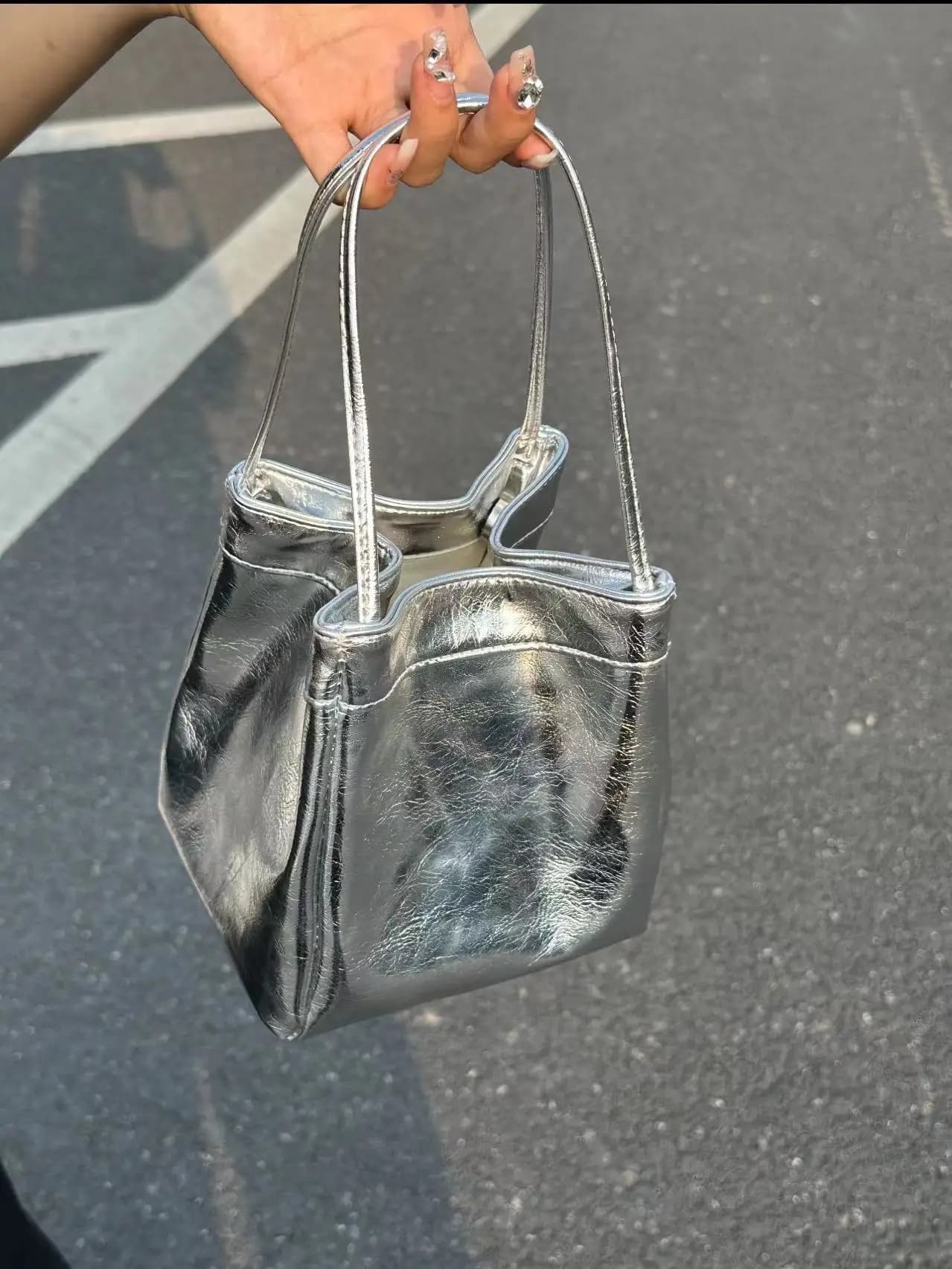Silver Bucket Bag Women's Handbag Summer Small Square Bag Handheld PU Leather Korean Style Fashionable Everyday Bag