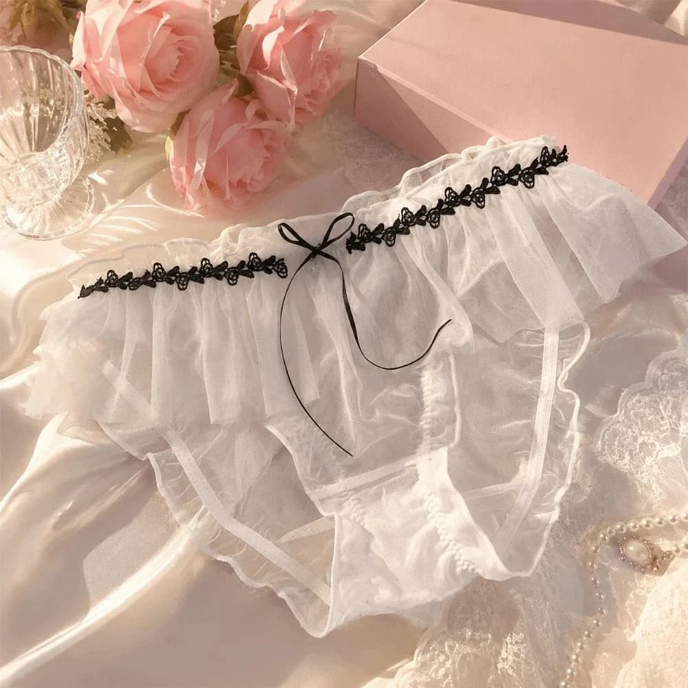 Female Lingerie Mesh Thin Women's Underwear Bow Low Waist Ruffle Briefs Sweet Transparent Lace Panties Women
