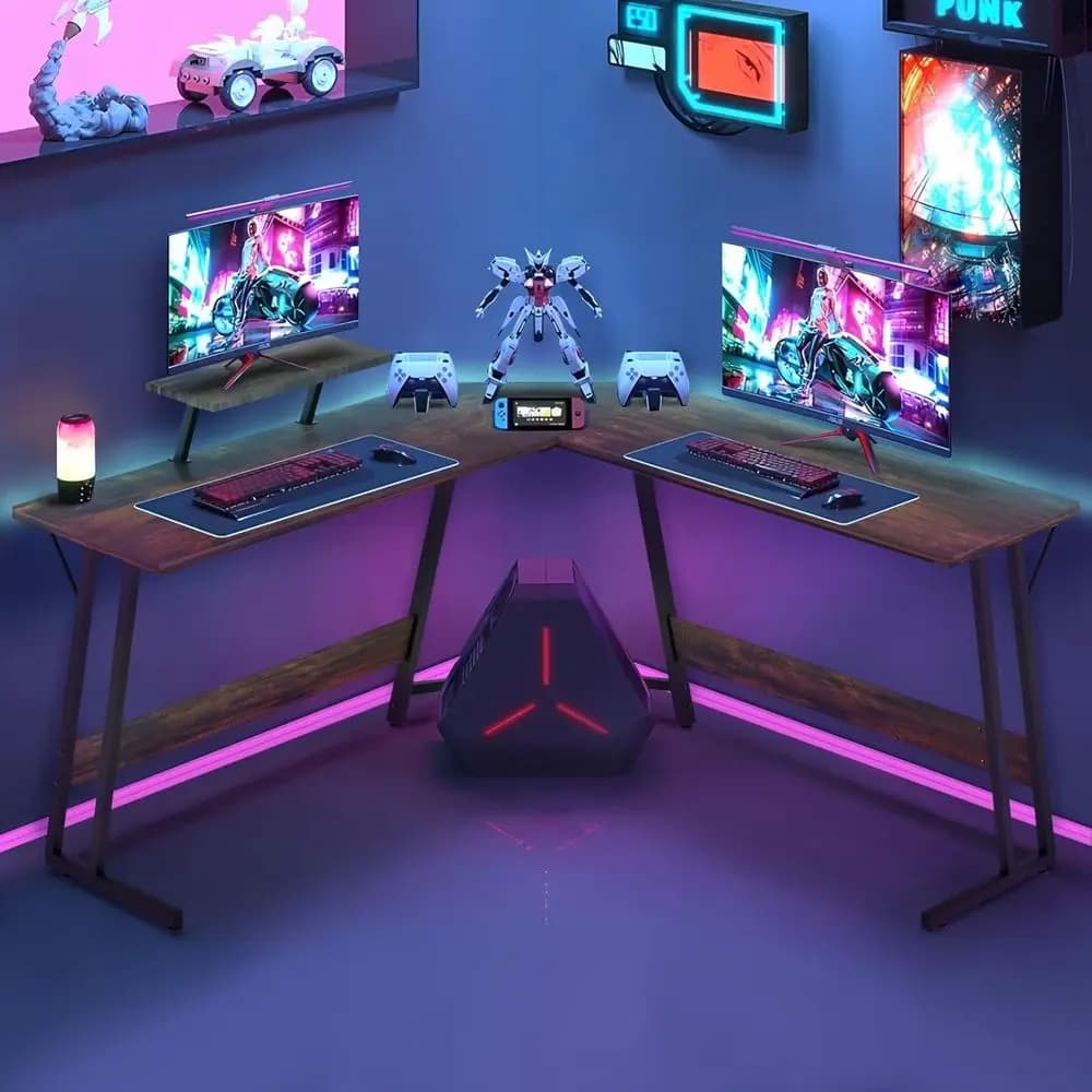 50.4 L-Shaped Gaming Desk with Monitor Stand, Brown - Home Office and Study Space for Gamers