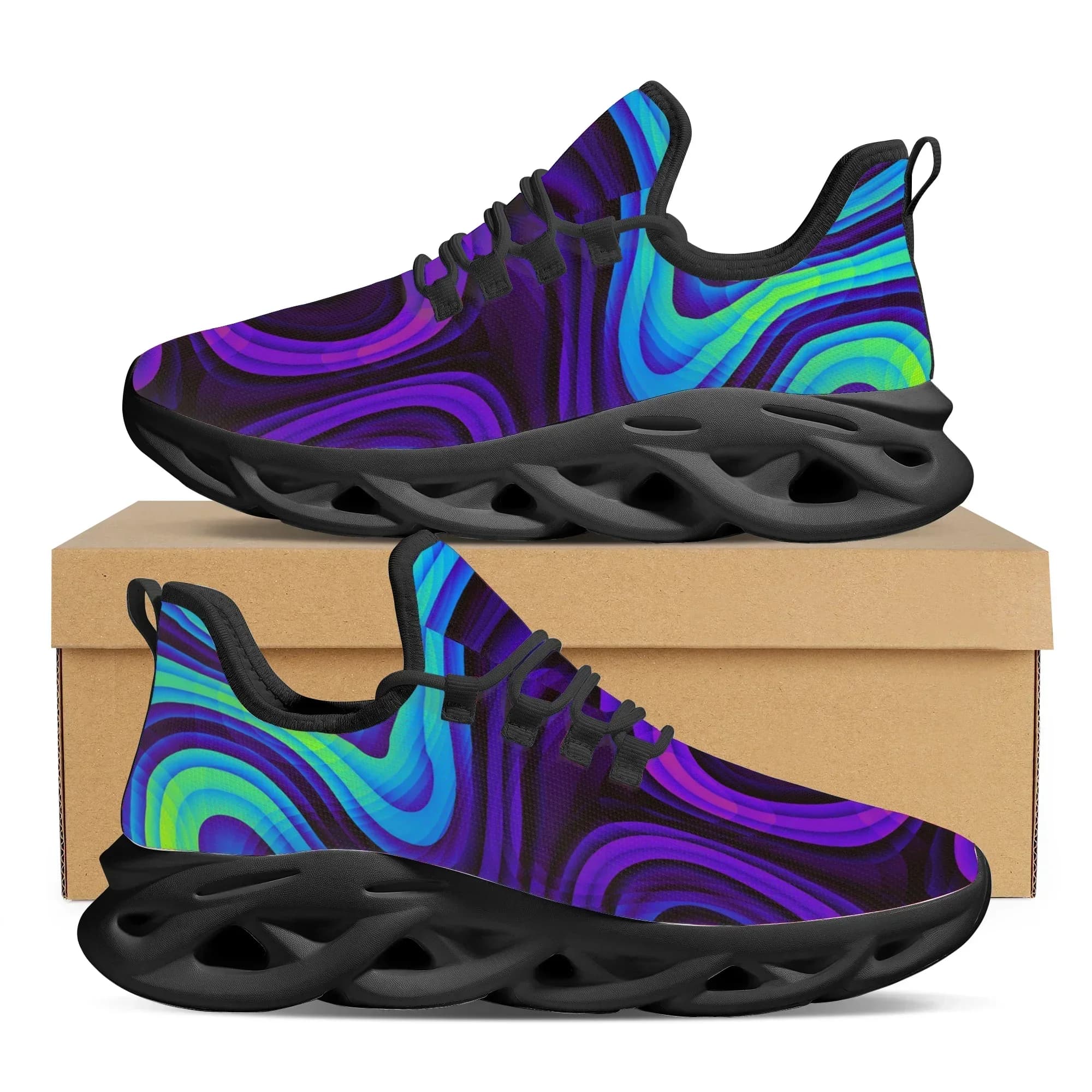 Sneakers da uomo nere psichedeliche alla moda, traspiranti, leggere, con lacci, in maglia, personalizzabili