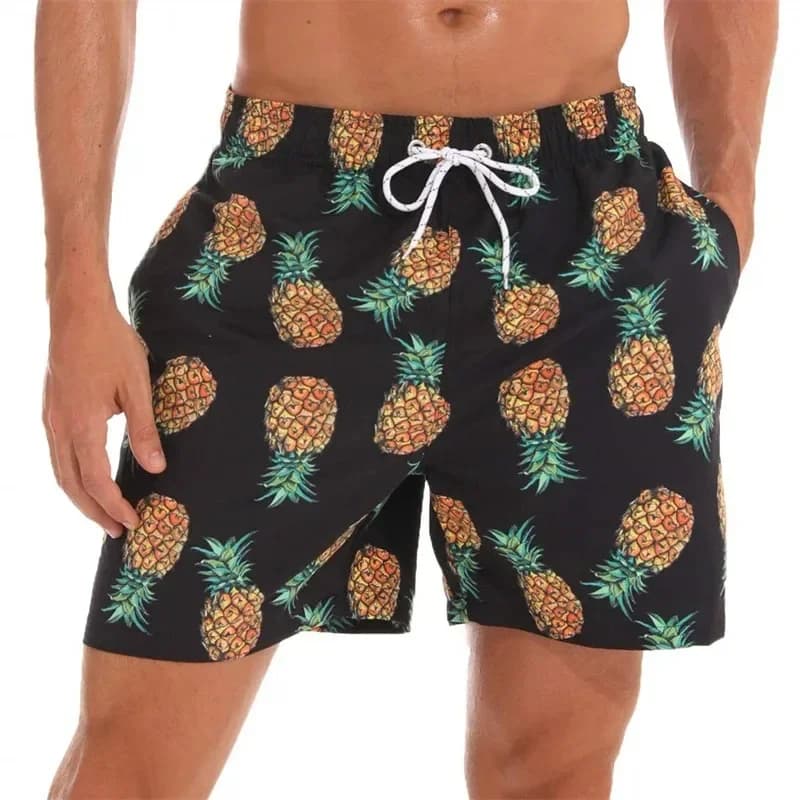 Pantaloncini da spiaggia da uomo con motivo ananas semplice, pantaloncini da surf stampati in 3D, pantaloncini in seta ghiacciata fresca Shortsonz