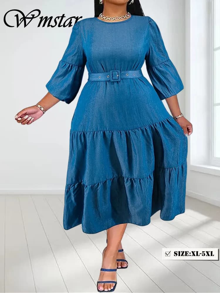 Wmstar Plus Size abiti in Denim per le donne Solid manica lunga moda elegante nuovo Maxi vestito Dropshipping all'ingrosso con fasciatura