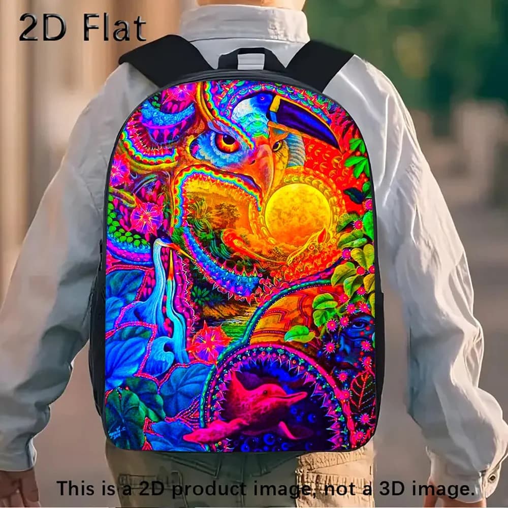 Backpack with psychedelic animal print for boy - school backpack with 2D graphics, pattern with light eagle and tropical fish