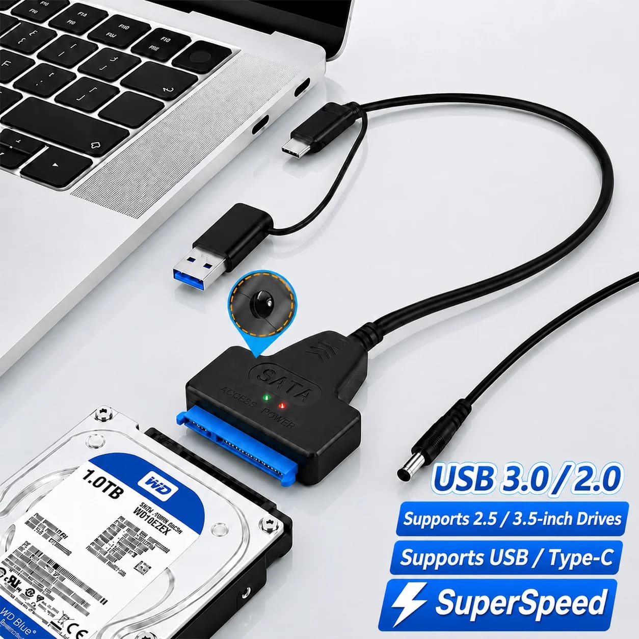 SATA to USB 3.0 / 2.0 Cable Up to 6 Gbps for 2.5/3.5 Inch External HDD SSD Hard Drive SATA 3 22 Pin Adapter USB 3.0 to Sata III