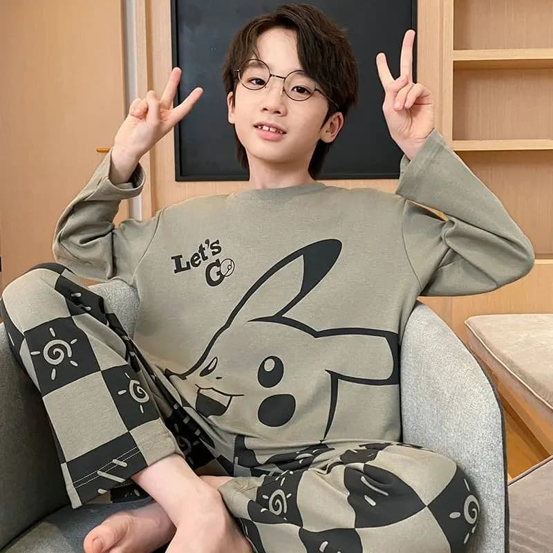 Cartoon Pikachu Children's Pajama Set Boys' Spring/autumn Cotton Top Pants 2Pcs Set Kids' Cute Cartoon Pajama Home Clothes Set