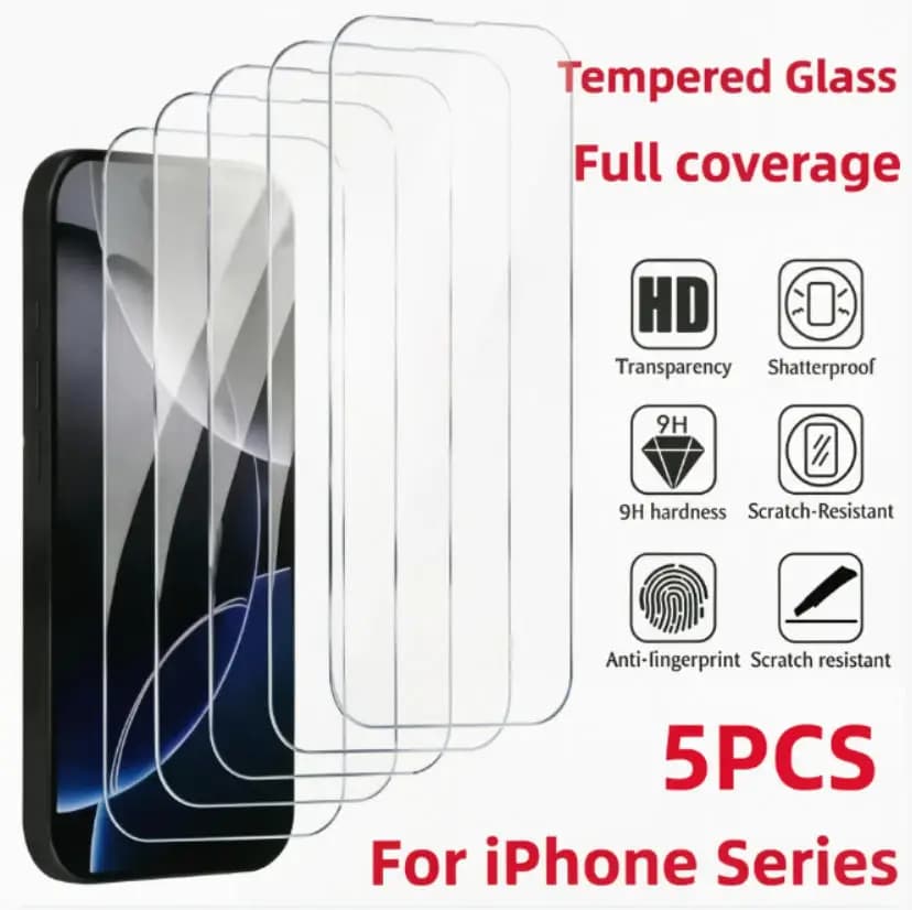 5Pcs HD Tempered Glass Screen Protector For iPhone 11 12 13 14 15 16 17 Pro Max 14 15 16 Plus 16 Air Glass Anti-Scratch Film