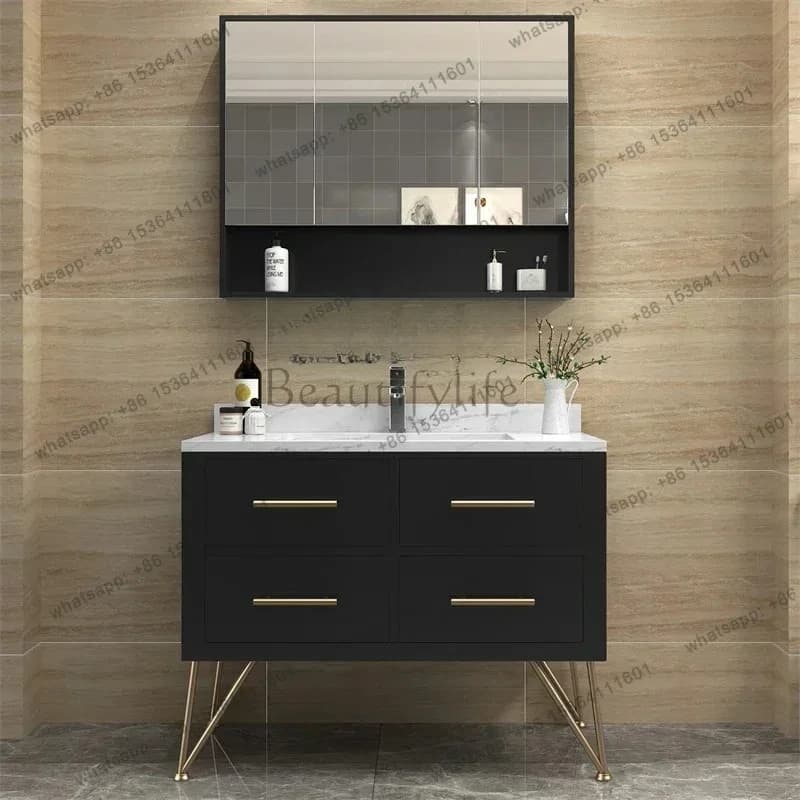 Mobile Bagno LXBathroom in Rovere Lusso Leggero con Lavabo e Specchio Rotondo, Mobiletto da Bagno Nordico con Specchio Integrato