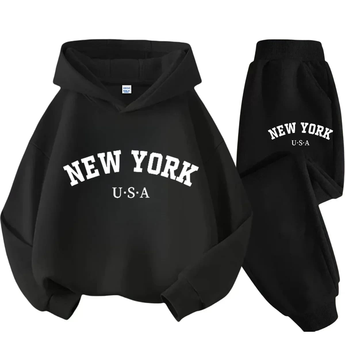 Felpa con cappuccio con stampa di lettere sportive all'aperto nere per bambini 3-12 anni Felpa + pantaloni set casual per ragazzi e ragazze