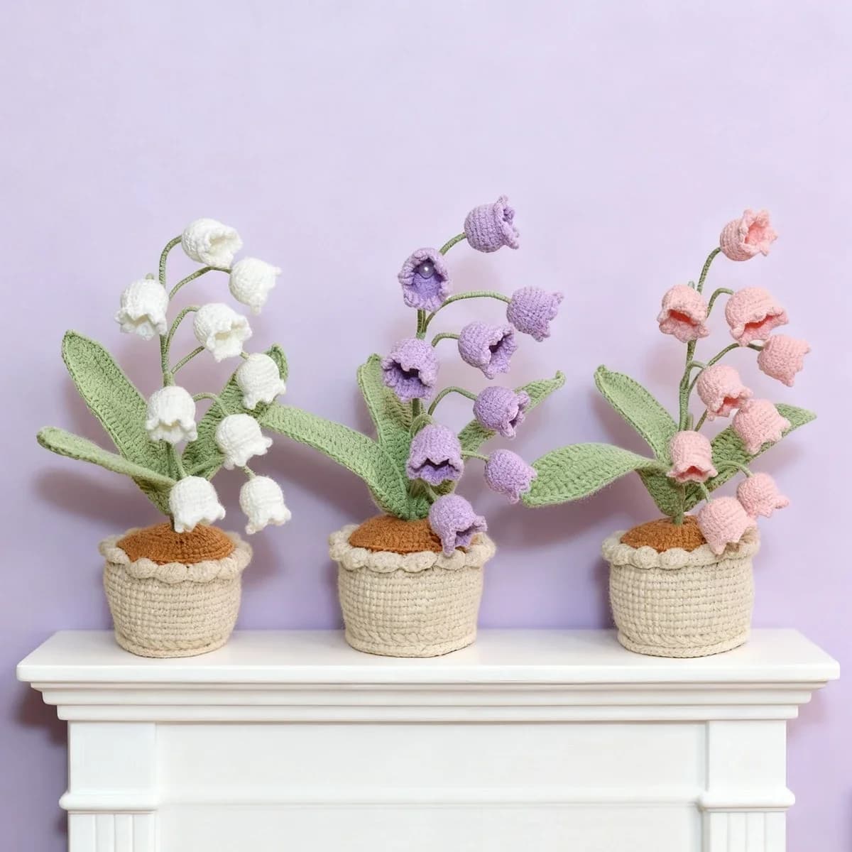 White Lily of the Valley Woven Potted Plant, Artificial Fake Flower in Basket, Home Garden Office Table Decor Simulation Plant