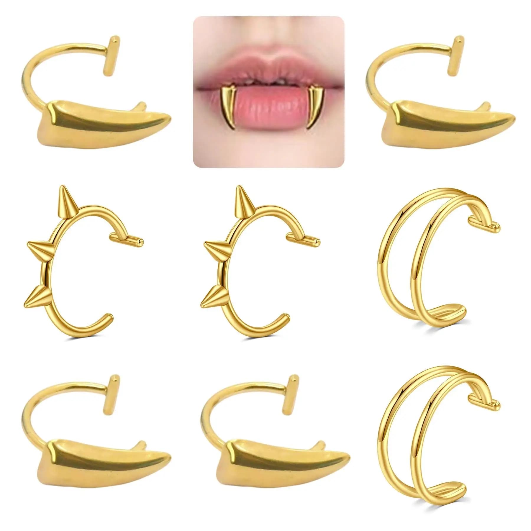 2/4/8pcs Fake Lip Ring Vampire's Teeth Ring Adjustable Non-Piercing Lip Ear Cuff Earrings Faux Snake Bite Nose Piercing Jewelry
