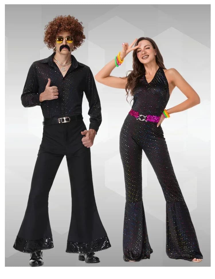 Costume da coppia da discoteca anni '70 Costumi cosplay di Halloween Costume da hippy vintage anni '80 Uomo Donna Festival musicale Abiti da festa
