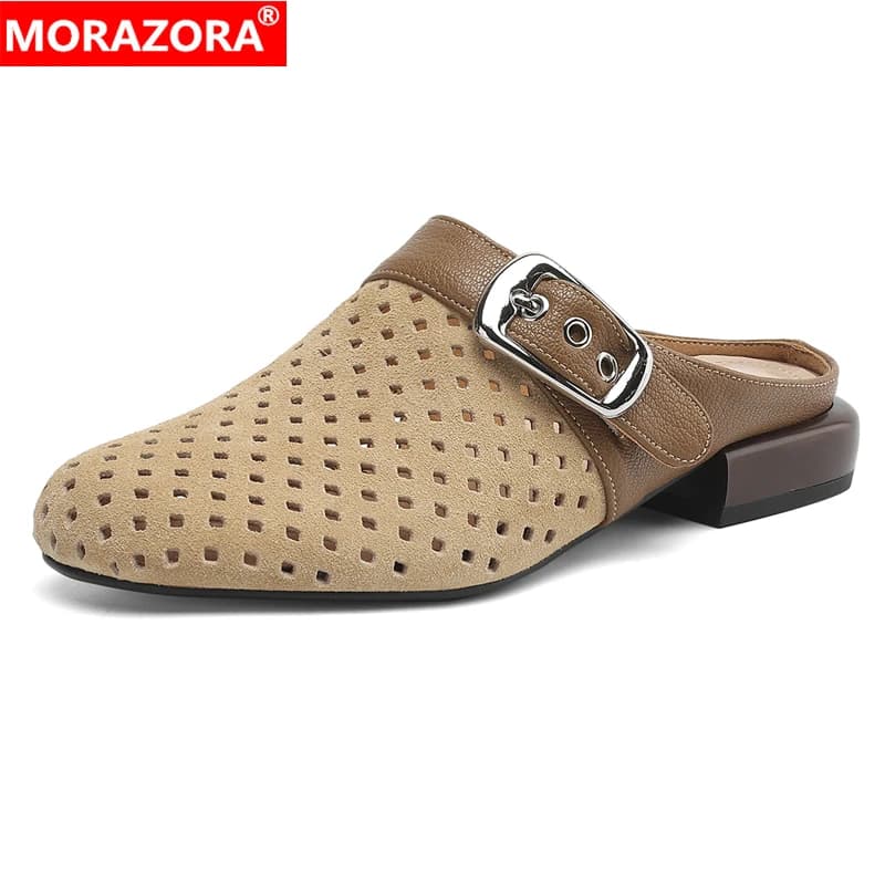 MORAZORA Plus Size 34-43 New Cow Suede Leather Women Slippers Handmade Buckle Cut Outs Low Heels Summer Mules Female Shoes