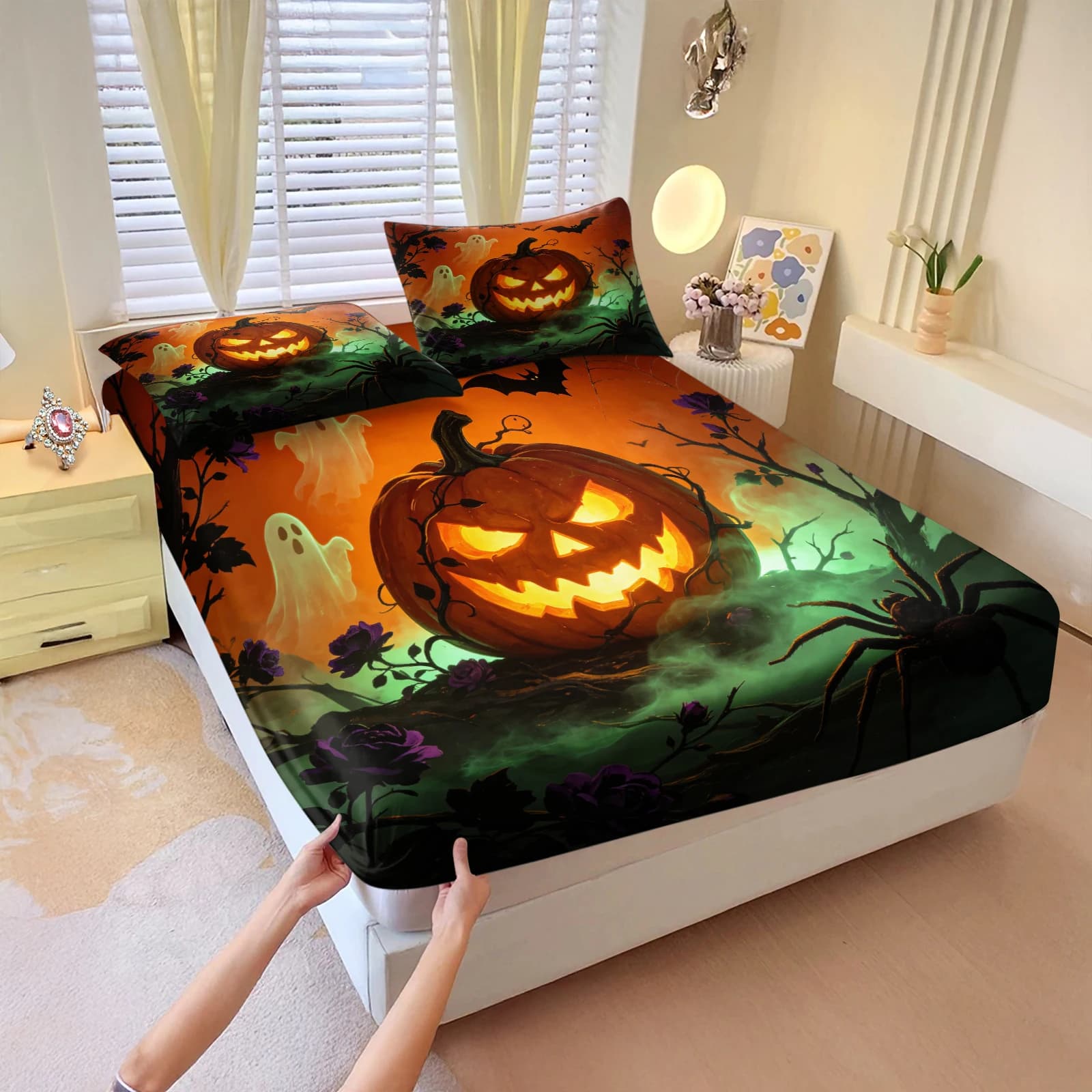 Halloween Pumpkin Ghost Spider Fitted Sheet Set Scary Jack‑o'‑lantern Bed Sheet With Pillowcase Soft Microfiber Mattress Cover
