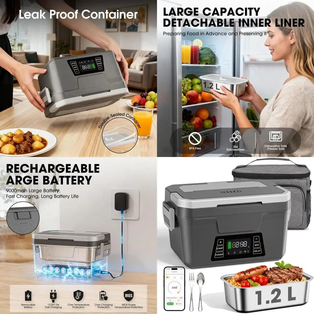 Lunch Box elettrico portatile senza fili da 1,2 litri con controllo APP, riscaldamento automatico alimentato a batteria, scaldavivande resistente alle perdite per Wo