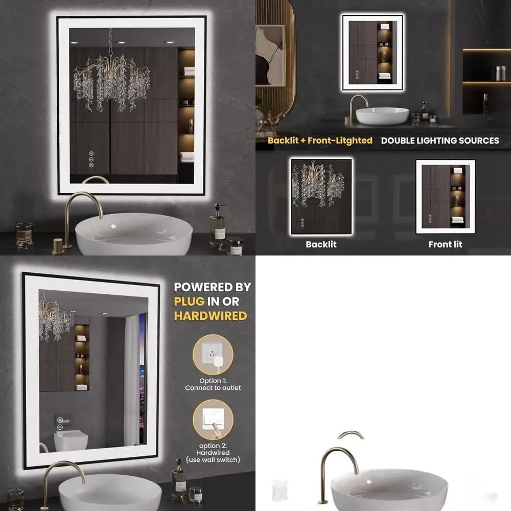 Specchio da Bagno Nero Illuminato a LED 24x30 Pollici con Funzione Antiappannamento, Luce Dimmerabile, Memoria e Vetro Temperato