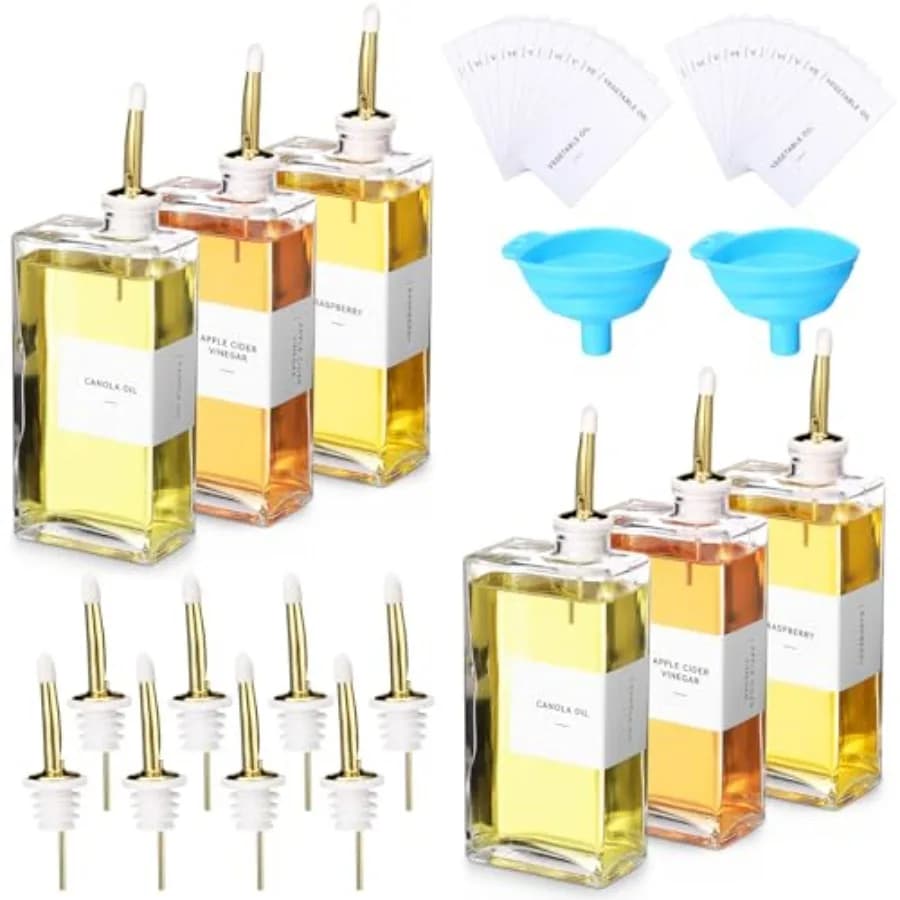 Set di 6 Dispenser per Olio d'Oliva da Cucina con Beccucci, Imbuto ed Etichette, Dispenser per Olio da Cucina da 500ml, Set per Olio e Aceto