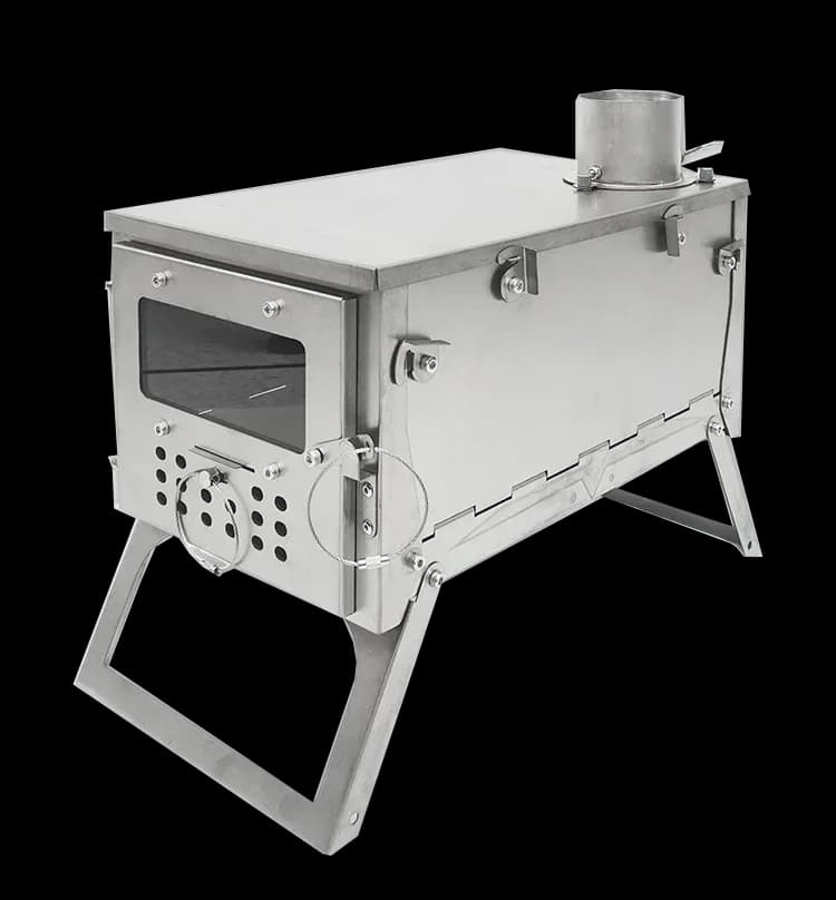 Wooden stove in Titanium Foldable with 2m Fumaria Canna for Hot Tent, Picnic open, Cooking, Barbecue and Camping