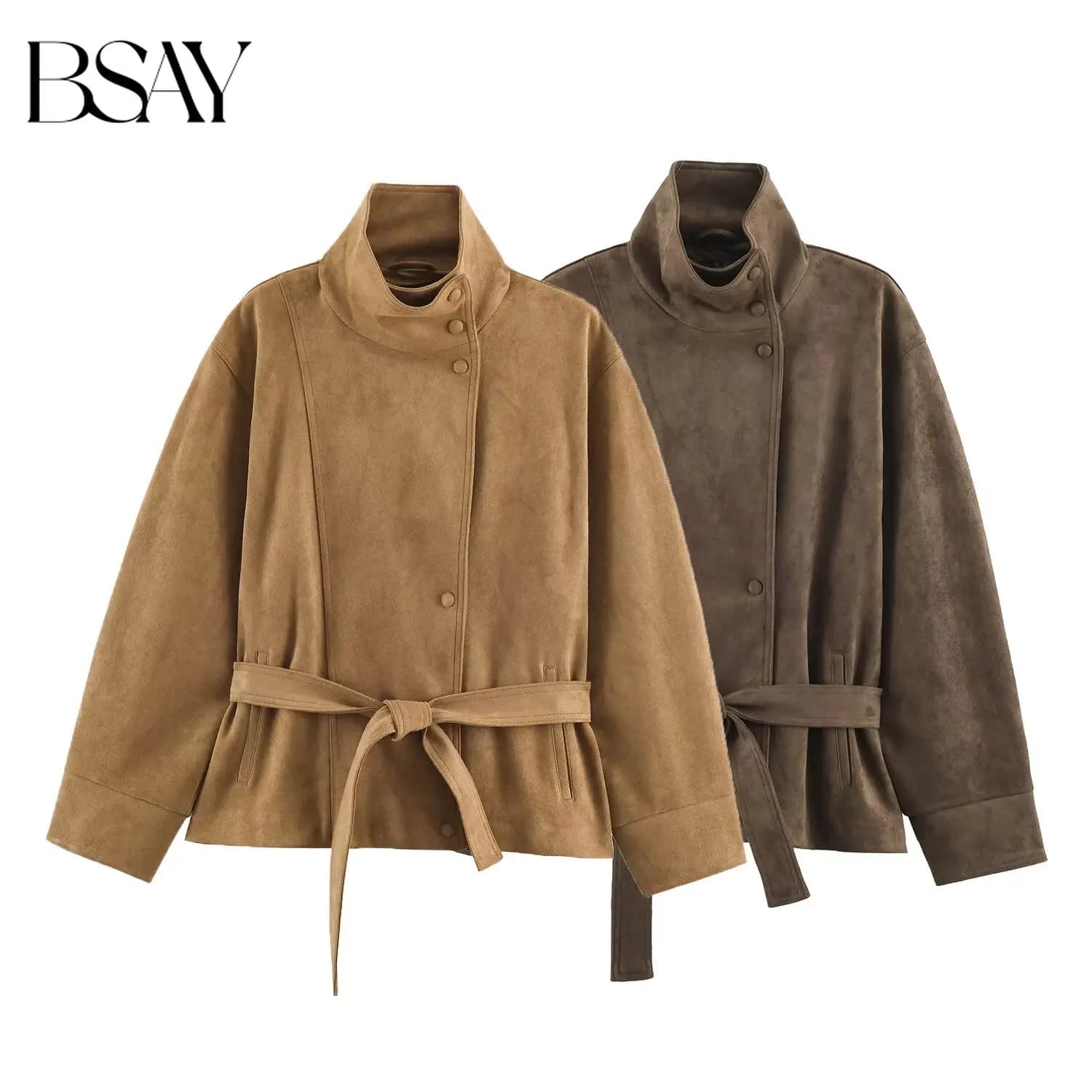 BSAY 2026 Autumn New Minimal Office Belted Suede Women Jacket Stand Collar Asymmetric Placket Waist Tied Loose Work Outerwear
