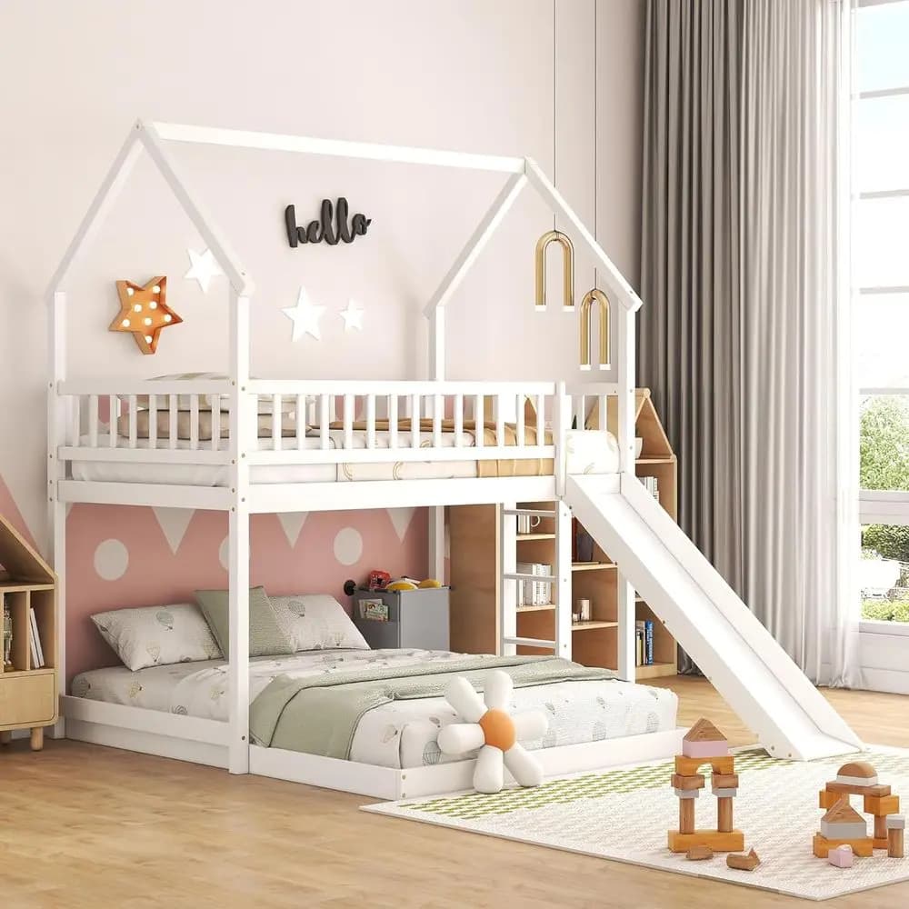 Letto a Castello in Legno Bianco con Scivolo, Ringhiera e Scala Integrata, Dimensioni Twin Over Full