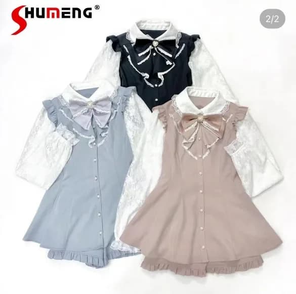 Japanese new Lolita cute sweet bow Patchwork lace shirt long sleeves blouse and shorts two pieces Set spring summer shorts dresses