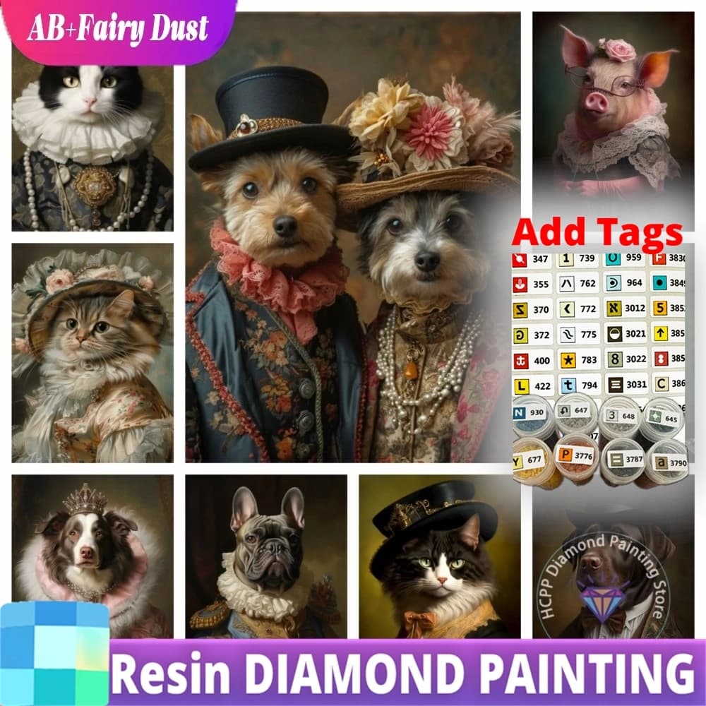 AB Fairy Dust Comes with DMC stickers Victorian Animal Portrait Dog Cat Pig Fox Rabbit Diamond Painting Kit 5D Cross Stitch Han