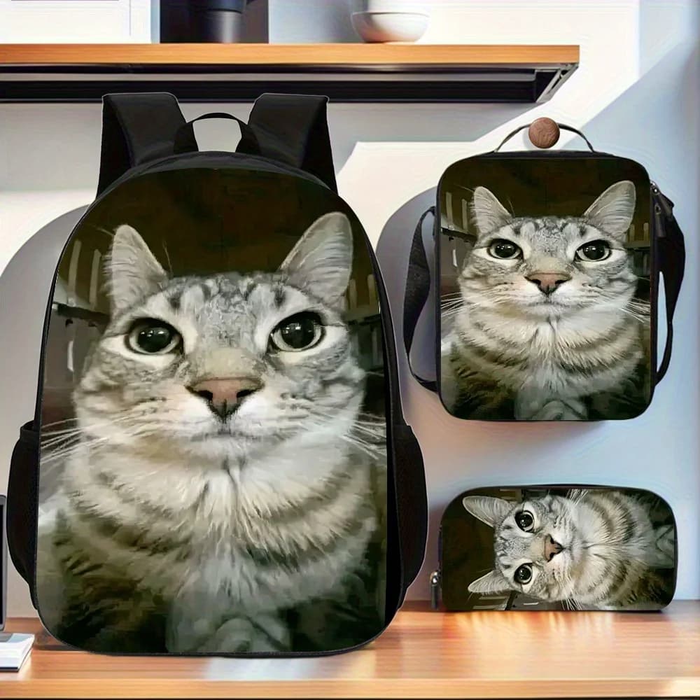 Cat Meme Backpack Set of 3: Includes a Pencil Case, Crossbody Bag, And School Bag. Features a Spacious Design Made of Casual Pol