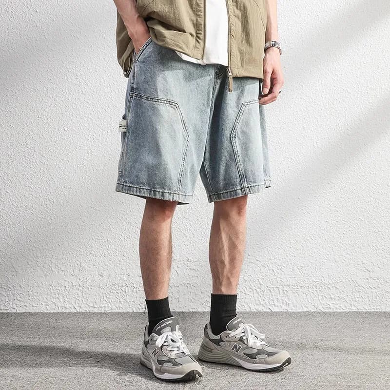 Pantaloncini in denim da uomo estivi 2026, stile High Street, a gamba dritta, larghi, in denim vintage americano, casual, versatili, blu nostalgico